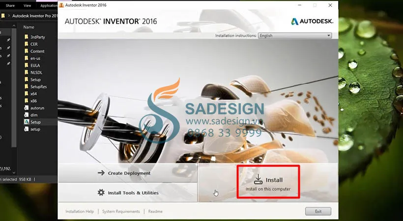 Giao diện trình cài đặt Inventor 2016, chọn nút Install để bắt đầu