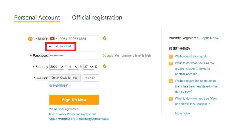 Giao diện trình duyệt web đang hiển thị trang đăng ký Weibo
