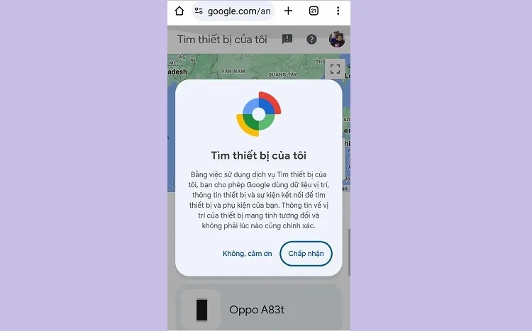 Giao diện trình duyệt web để xem vị trí của điện thoại OPPO đã bật định vị