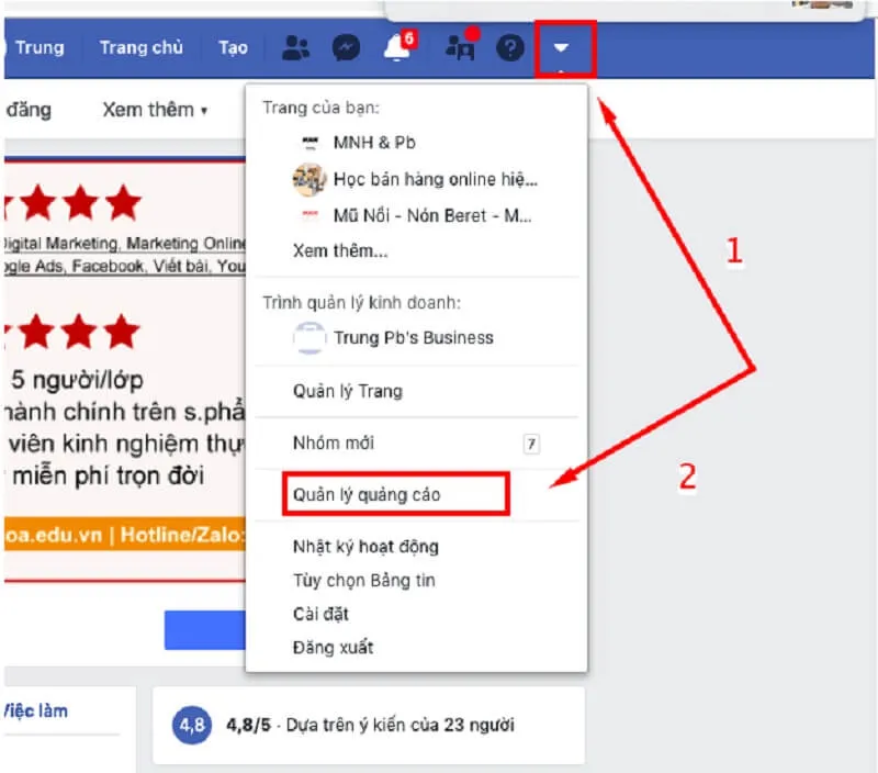 Giao diện Trình quản lý quảng cáo Facebook