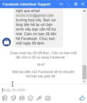 Giao diện trò chuyện trực tiếp với nhân viên hỗ trợ sau khi liên hệ với đội ngũ facebook thành công