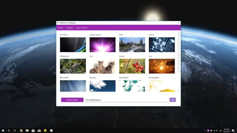 Giao diện tùy chỉnh hình nền động trong Desktop Live Wallpaper, cho phép chọn ảnh có sẵn hoặc tải lên tệp cá nhân