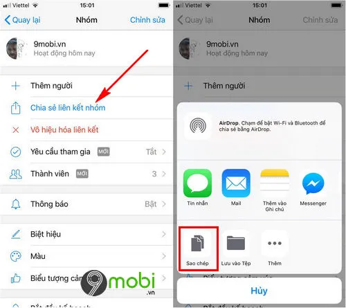 Giao diện tùy chọn chia sẻ liên kết nhóm Messenger trên iPhone, chọn Sao chép