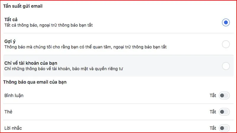 Giao diện tùy chọn tắt toàn bộ hoặc chọn lọc thông báo email của Facebook