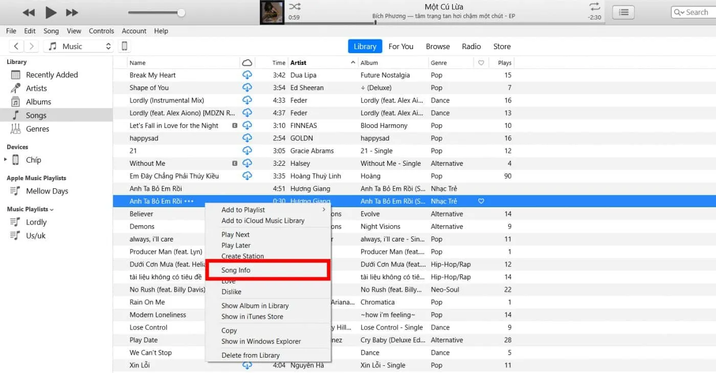 Giao diện tùy chọn thông tin bài hát trước khi cài đặt nhạc chuông itel