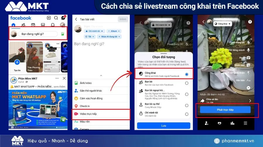 Giao diện ứng dụng di động cho phép người dùng chọn chế độ công khai khi phát trực tiếp.
