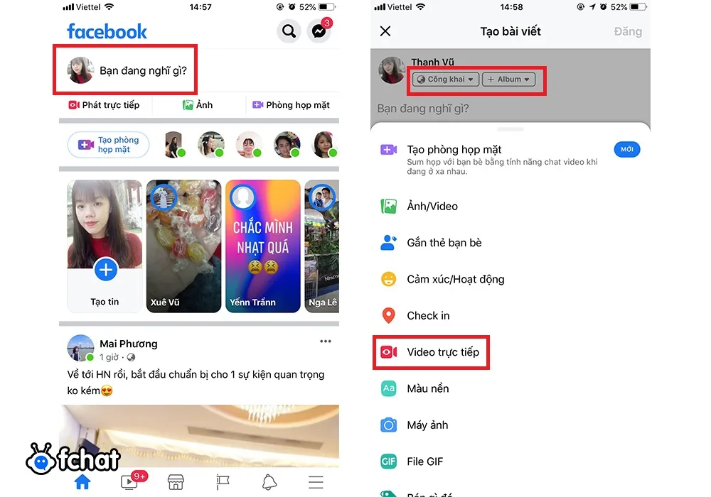 Giao diện ứng dụng Facebook chọn Video Trực Tiếp, bước đầu tiên để thực hiện Cách live stream fb de khách biets