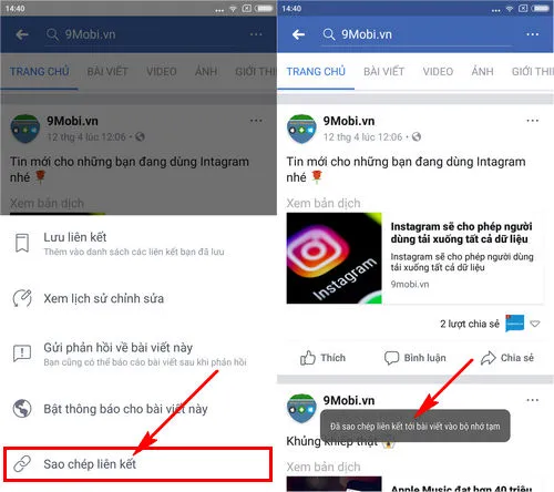 Giao diện ứng dụng Facebook hiển thị menu tùy chọn với nút Sao chép liên kết cho bài viết