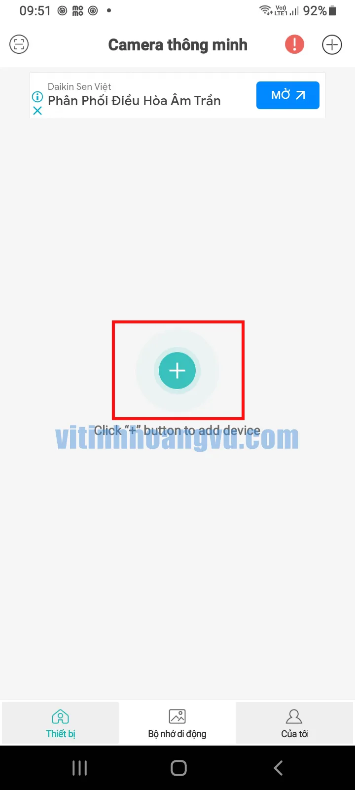 Giao diện ứng dụng iCSee, chọn dấu (+) để bắt đầu thêm thiết bị camera mới Puratech