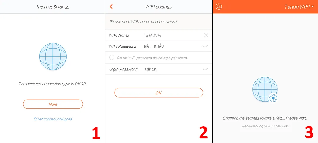 Giao diện ứng dụng Tenda WiFi các bước nhận IP, đặt Tên WiFi và Mật khẩu Quản trị