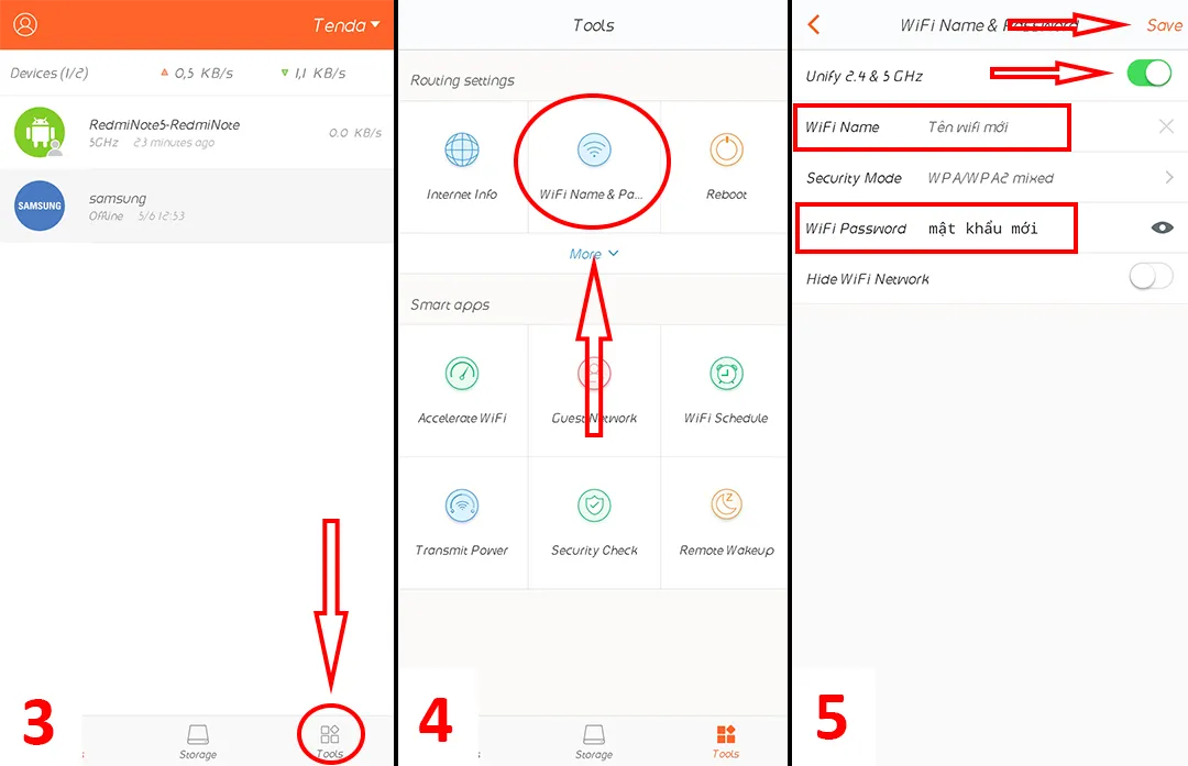Giao diện ứng dụng Tenda WiFi cho phép thay đổi tên và mật khẩu WiFi, tùy chọn đồng nhất băng tần