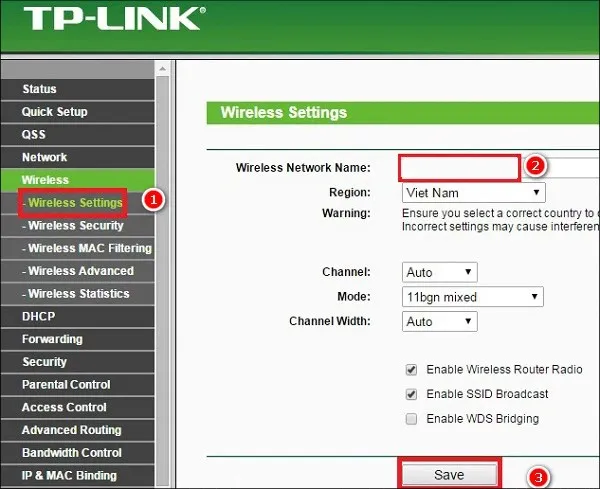 Giao diện Wireless Settings dùng để đặt tên mạng và đổi mật khẩu trên router TP-Link