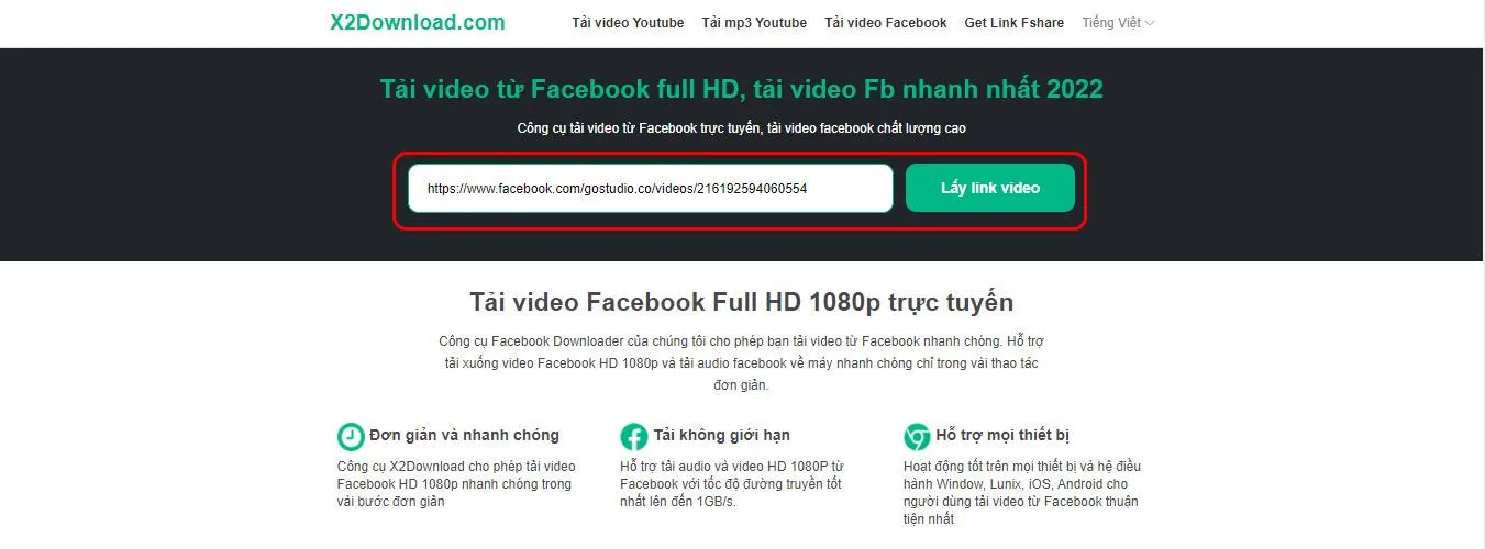 Giao diện x2Download: Nơi dán link để download video trên facebook