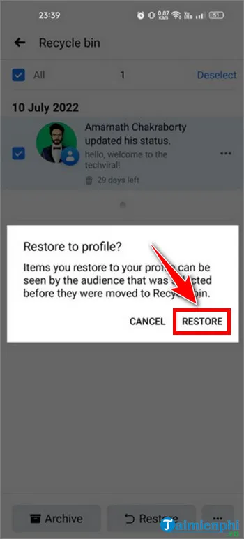 Giao diện xác nhận Khôi phục bài đăng