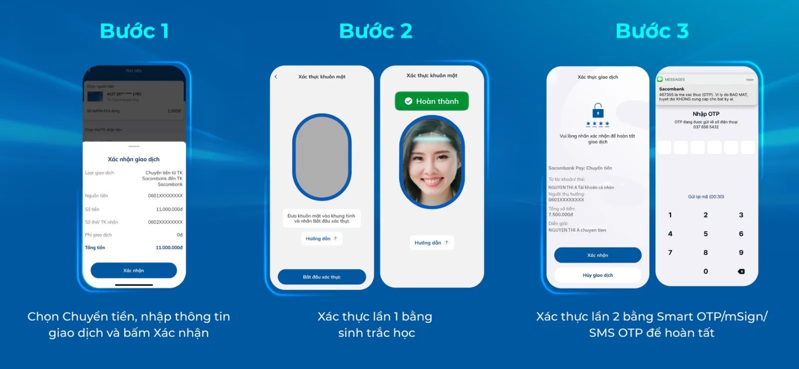 Giao diện xác thực sinh trắc học và OTP khi thực hiện cách cài đặt internet banking Sacombank