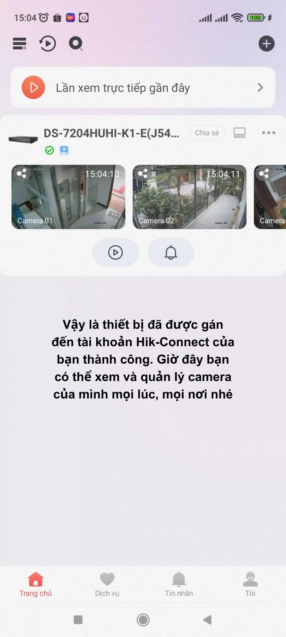 Giao diện xem camera trực tiếp sau khi cài đặt Hik-Connect thành công