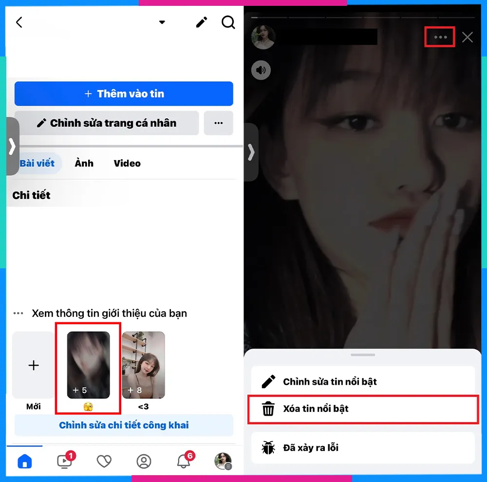 Giao diện xóa Story Nổi bật trên điện thoại, bước 1 và 2