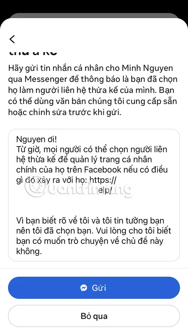 Gửi thông báo và tin nhắn cho tài khoản kế thừa Facebook