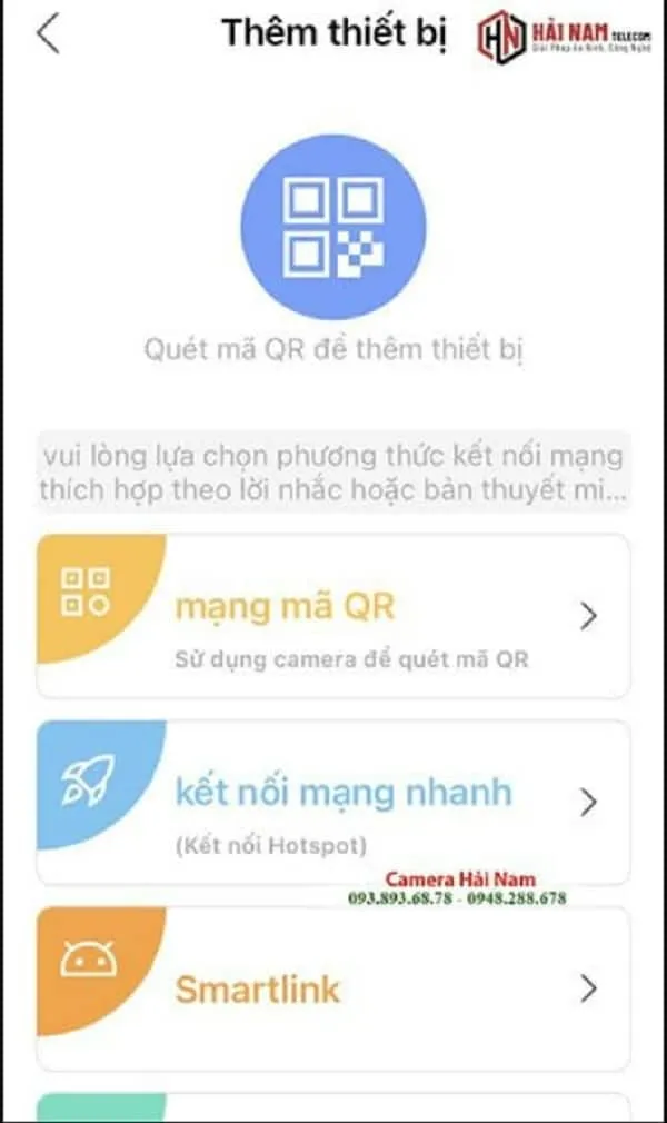 Hình ảnh chọn phương thức thêm thiết bị bằng “Mạng mã QR” để cài đặt camera 2 râu
