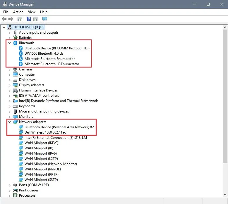 Hình ảnh giao diện Device Manager thể hiện mục Bluetooth đã được cài đặt
