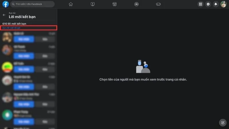 Hình ảnh giao diện Lời mời kết bạn trên web, có nút Xem lời mời đã gửi