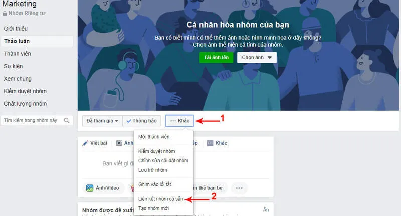Hình ảnh giao diện người dùng hiển thị các bước để liên kết nhóm Facebook hiện có