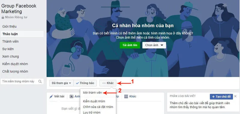 Hình ảnh giao diện người dùng hiển thị các bước để mời thành viên vào nhóm Facebook