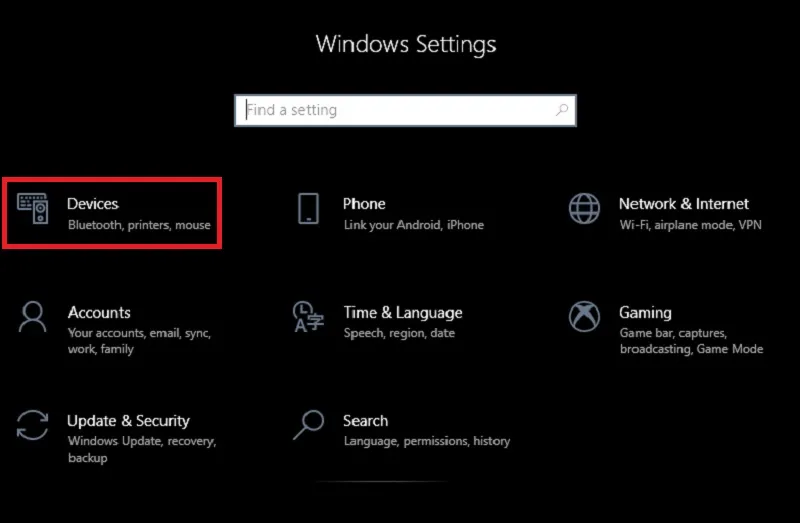 Hình ảnh giao diện Settings, chọn mục Devices
