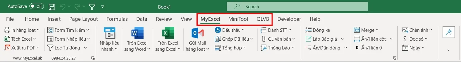 Hình ảnh minh họa 3 tab mới MyExcel, Mini Tool và QLVB xuất hiện trên thanh Ribbon của Excel sau khi cài đặt thành công