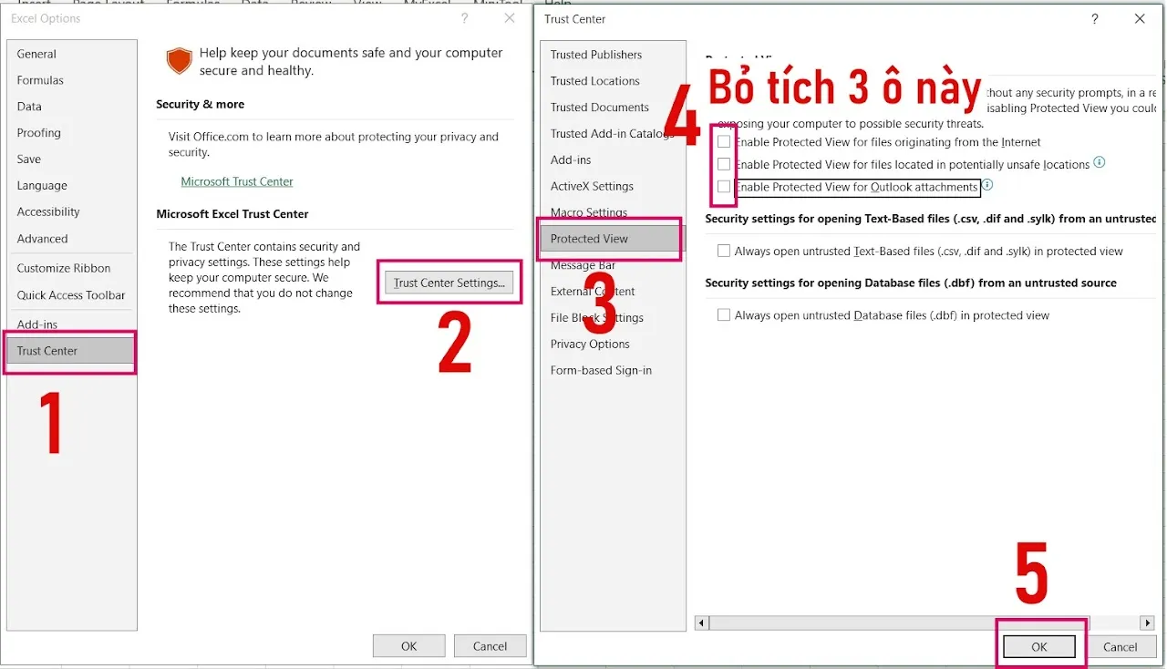 Hình ảnh minh họa bỏ tích tùy chọn Protected View để tránh tiện ích bị chặn khi mở lần đầu