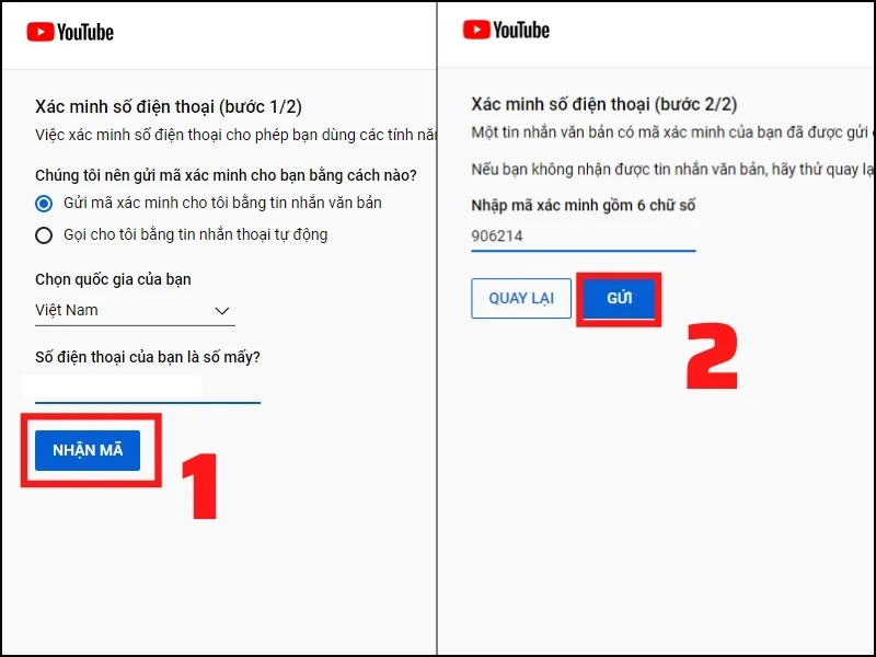 Hình ảnh minh họa các bước nhập số điện thoại và mã xác minh để đảm bảo an toàn cho tài khoản trực tuyến