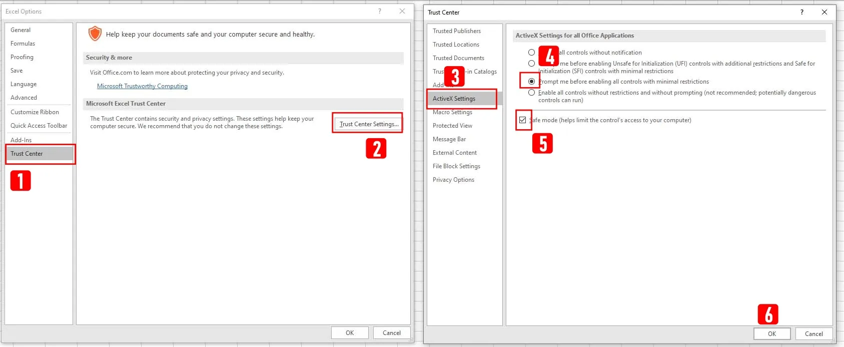 Hình ảnh minh họa cài đặt ActiveX Settings trong Trust Center