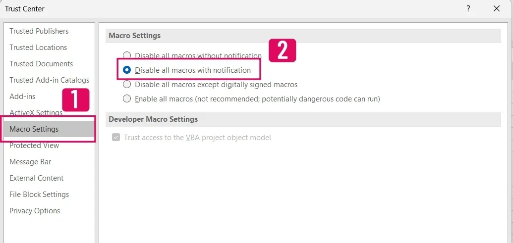 Hình ảnh minh họa cài đặt Macro Settings trong Trust Center