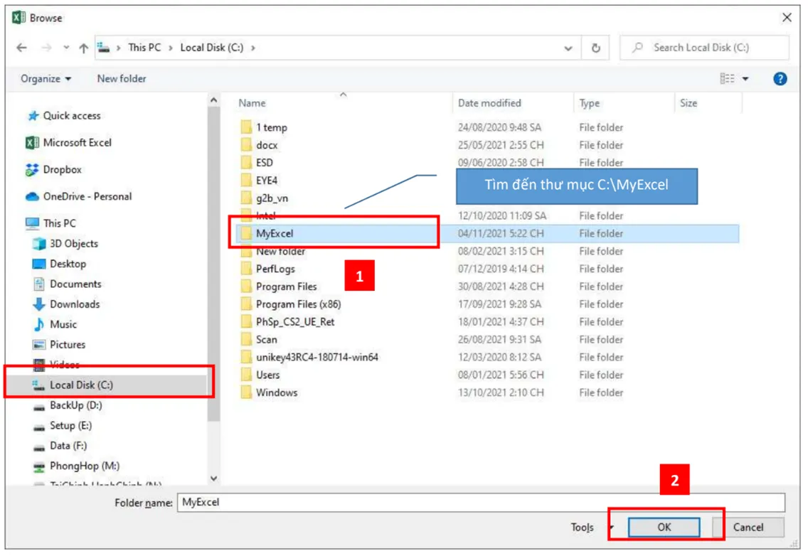Hình ảnh minh họa cửa sổ Browse để tìm và chọn thư mục MyExcel đã đặt trong ổ C: