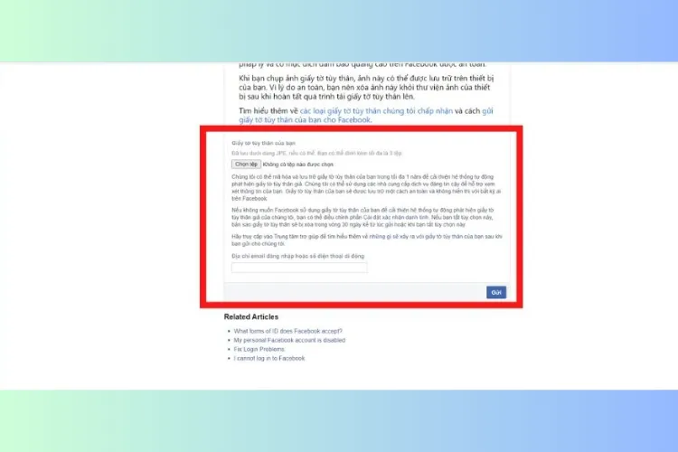 Hình ảnh minh họa giao diện gửi yêu cầu xác minh cho tài khoản Facebook bị khóa vĩnh viễn