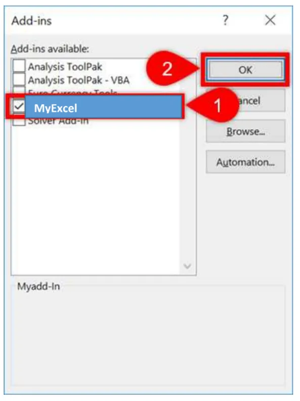Hình ảnh minh họa hộp thoại Add-ins hiển thị tiện ích MyExcel đã được chọn và đang kích hoạt