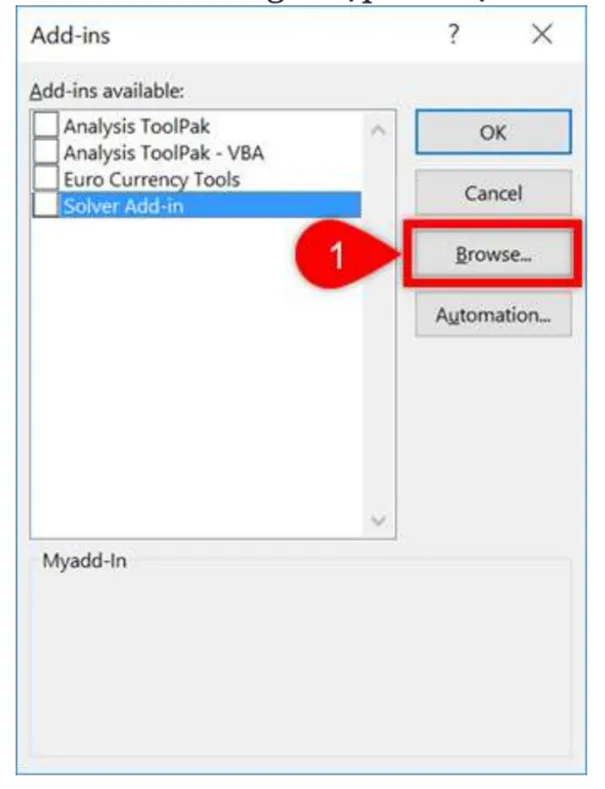 Hình ảnh minh họa hộp thoại Add-ins, nhấn nút Browse để tìm đến tệp tiện ích