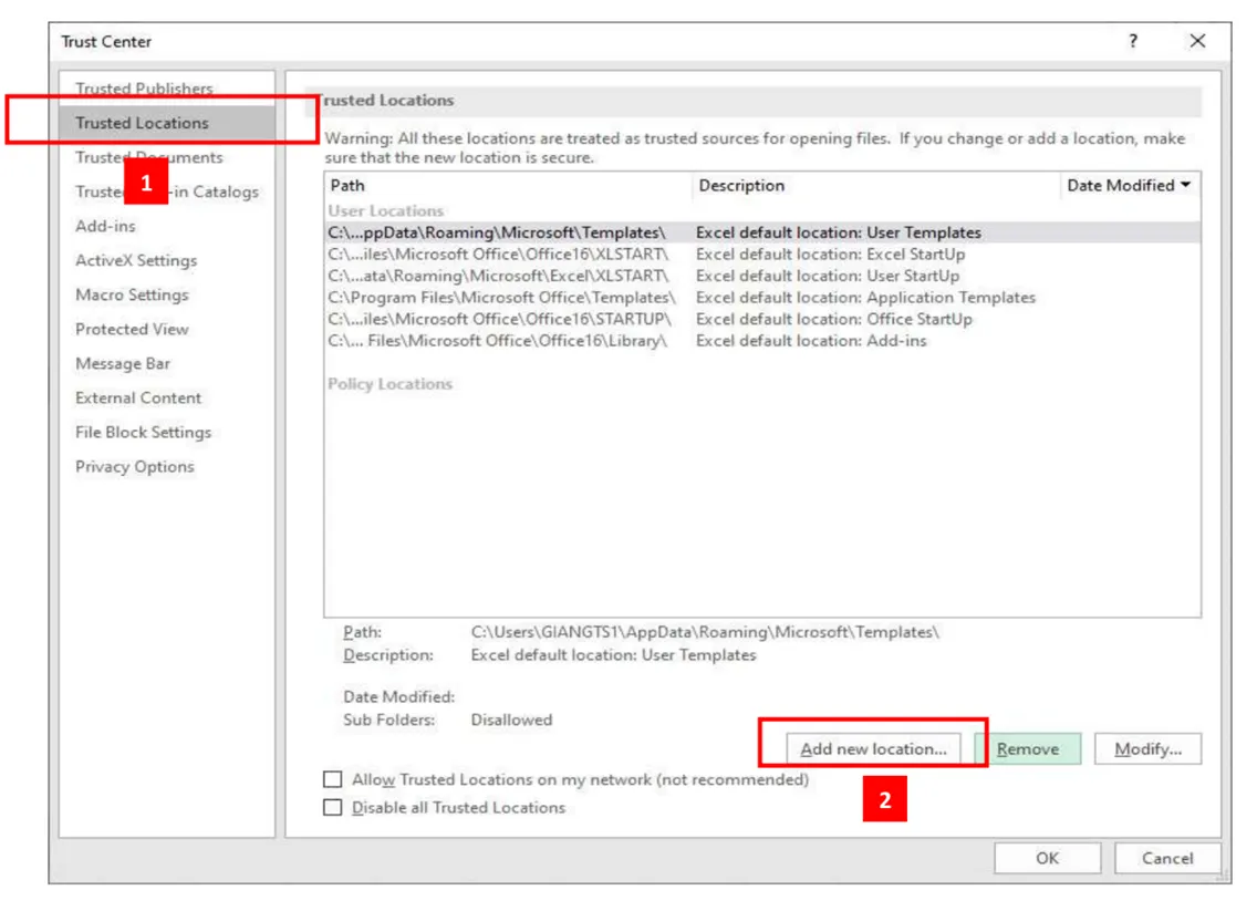 Hình ảnh minh họa hộp thoại Trust Center, chọn Trusted Locations và nhấn Add new location để khai báo đường dẫn tiện ích