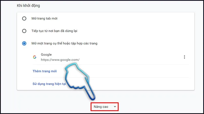 Hình ảnh minh họa kéo xuống cuối trang chọn nâng cao trong cài đặt Chrome