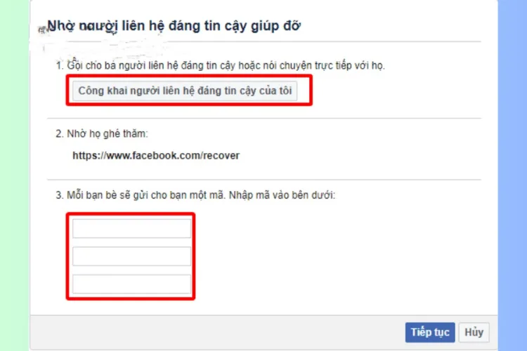 Hình ảnh minh họa quá trình khôi phục tài khoản Facebook bằng Người liên hệ đáng tin cậy