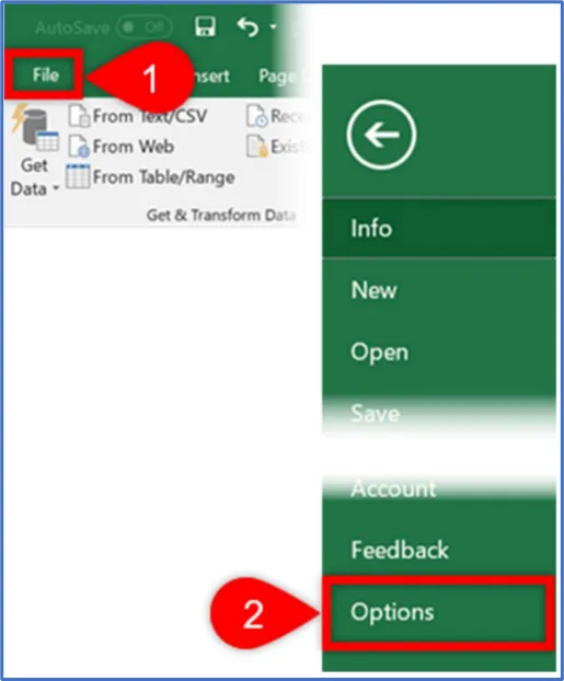 Hình ảnh minh họa truy cập vào menu File > Options trong Excel để mở hộp thoại tùy chọn
