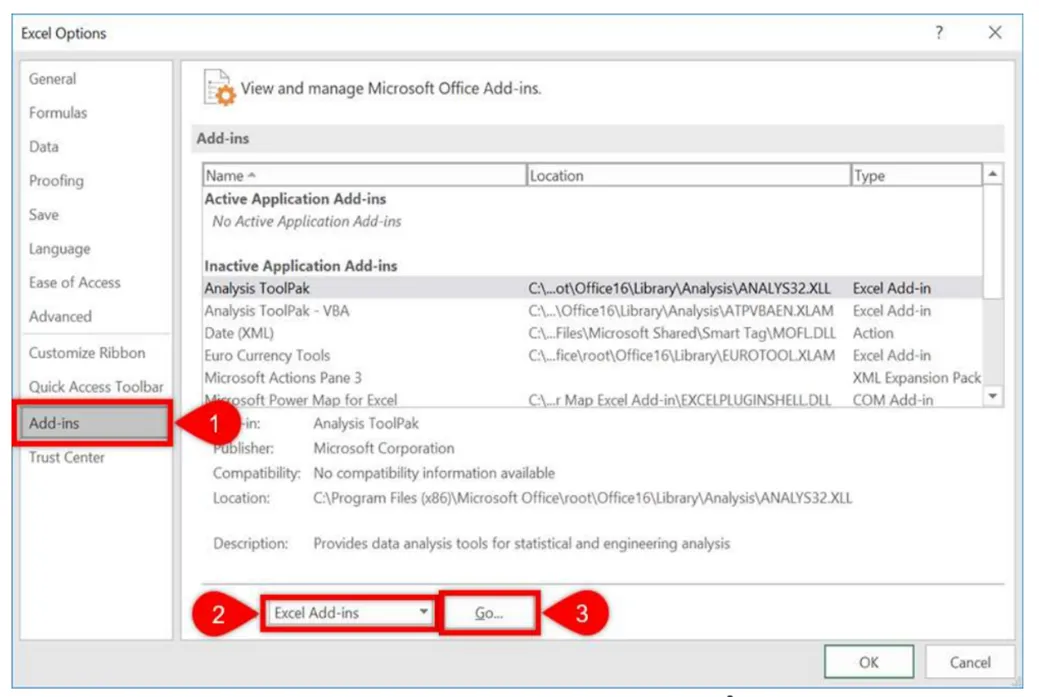 Hình ảnh minh họa truy cập vào mục Add-in trong Excel Options và chọn Excel Add-ins rồi nhấn nút Go
