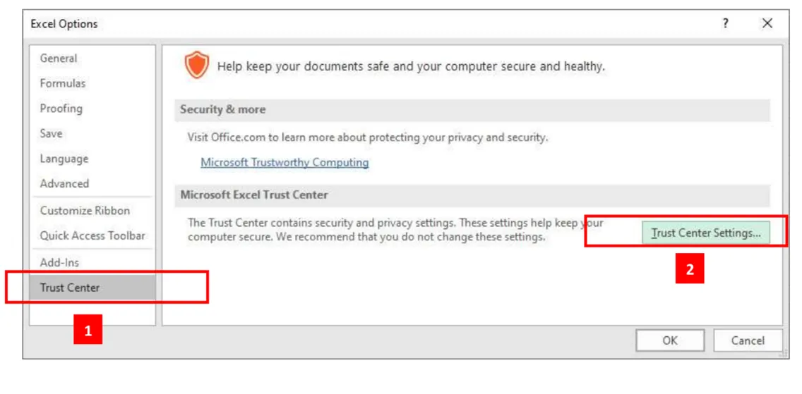 Hình ảnh minh họa truy cập vào Trust Center Settings và chọn Trusted Locations để thêm vị trí tin cậy mới