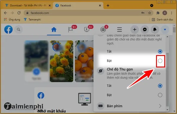 Hình ảnh minh họa việc chọn 'Bật' để kích hoạt Dark Mode trên Facebook