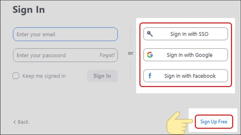 Hình ảnh minh họa việc chọn Sign Up Free để bắt đầu quá trình đăng ký tài khoản Zoom