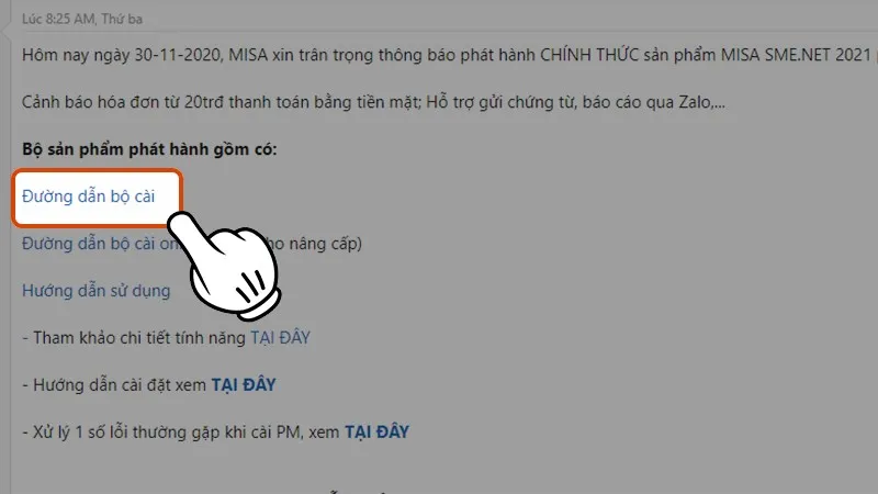 Hình ảnh minh họa việc click vào đường dẫn tải bộ cài đặt MISA SME.NET, bắt đầu quá trình tải phần mềm kế toán về máy tính.