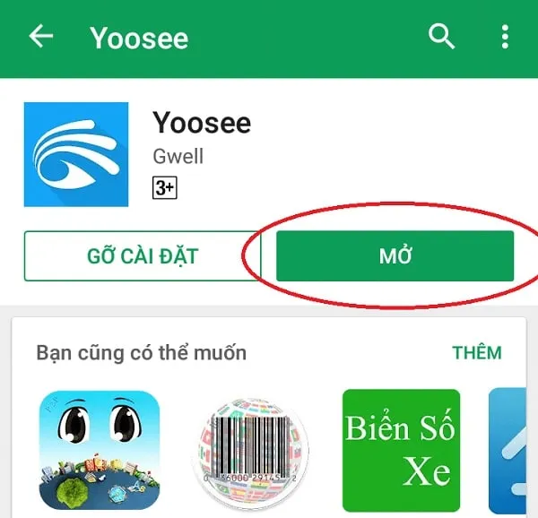 Hình ảnh nút "Mở" ứng dụng Yoosee sau khi cài đặt thành công trên điện thoại