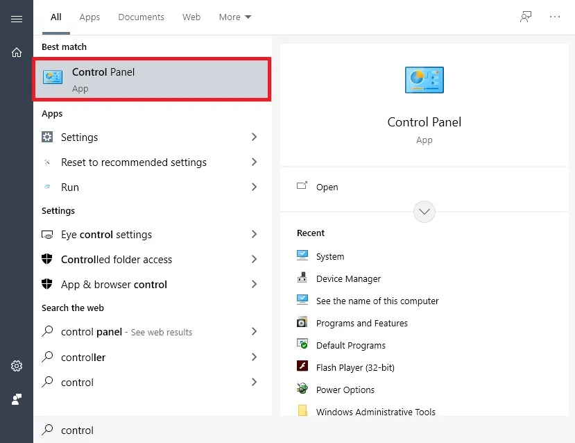 Hình ảnh truy cập Control Panel từ Start Menu