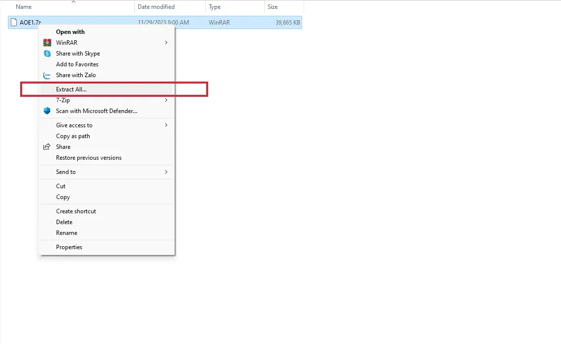 Hình minh họa cách giải nén file AOE.7z cần thiết cho cách cài đặt đê chế offline.