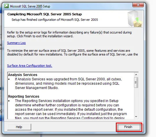 Hoàn tất cách cài SQL Server 2005 Express Edition, nhấn Finish
